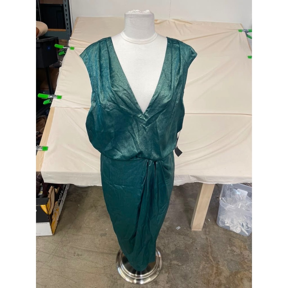 Donna Pappas Dark Ivy Green Foil Woven Midi Dress Metallic V-Neck Size 16 NEW